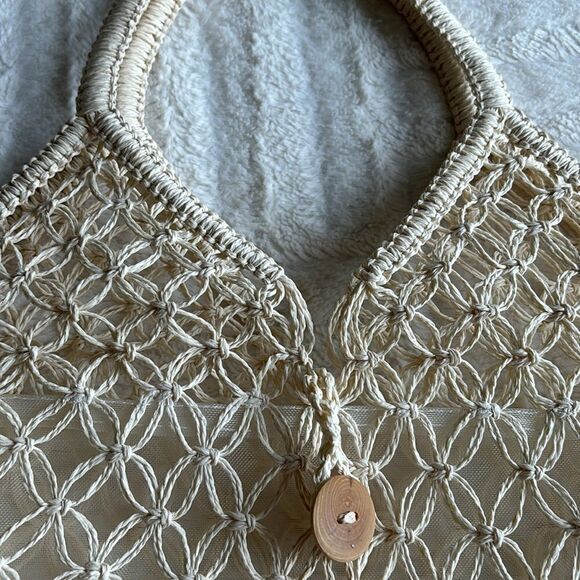 Cream Crochet Coastal Beach Woven Tote Bag Farmers‎ Market Bag - Picture 5 of 10